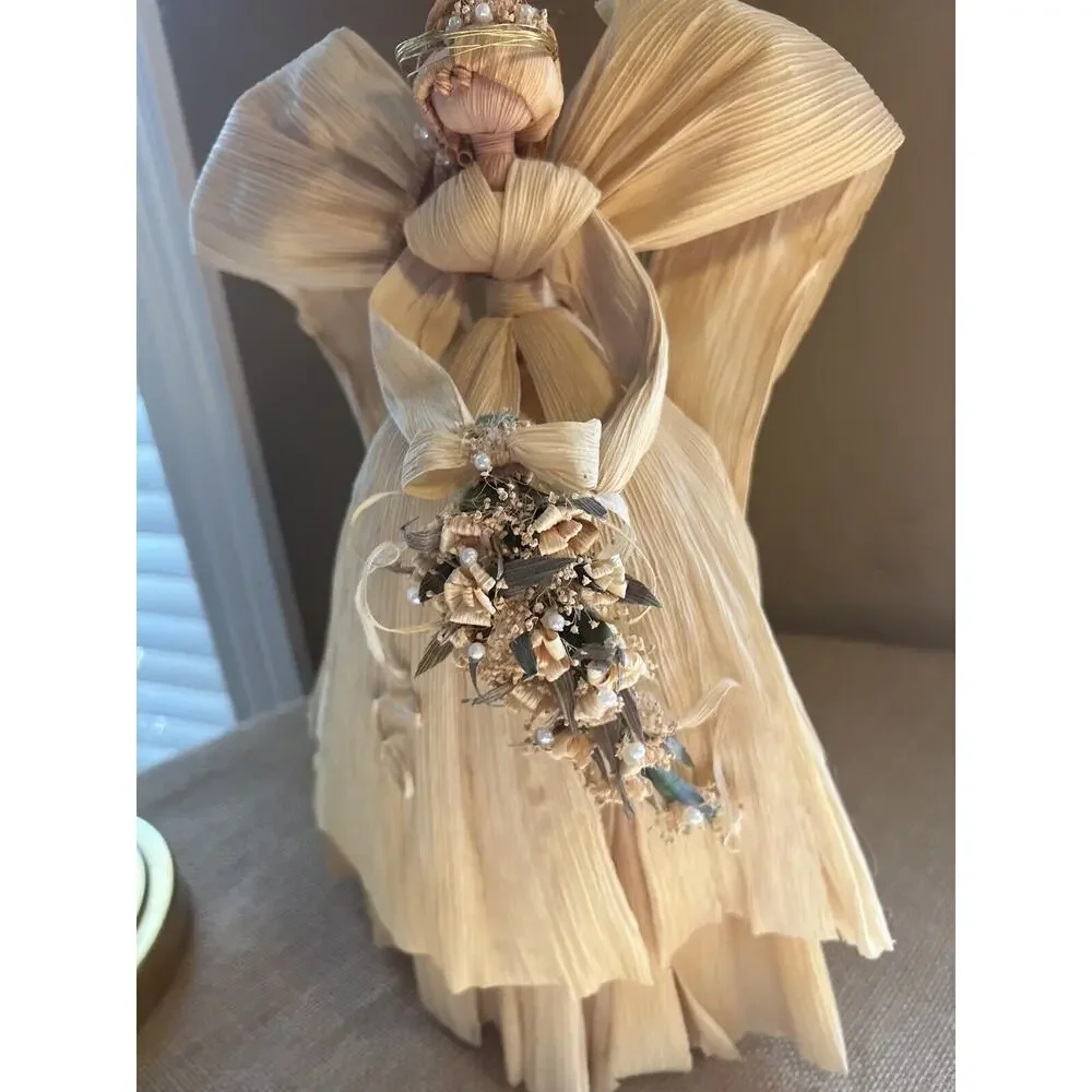 Large Corn Husk Angel with Floral Bouquet--Wedding?--American Folk Art